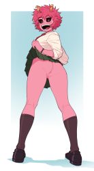 Rule 34 | 1girl, :d, anus, ashido mina, ass, black footwear, black sclera, black socks, blush, boku no hero academia, bracelet, cleft of venus, clothes lift, collared shirt, colored sclera, colored skin, commentary, english commentary, full body, green skirt, highres, jewelry, kneehighs, long sleeves, looking at viewer, looking back, no panties, open mouth, pink hair, pink skin, pleated skirt, pussy, red eyes, school uniform, shirt, shoes, short hair, skirt, skirt lift, smile, socks, solo, suoiresnu, teeth, uncensored, white shirt