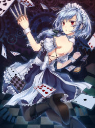 Rule 34 | 1girl, adapted costume, apron, backless outfit, bad id, bad pixiv id, bare shoulders, between fingers, black pantyhose, blue dress, boots, braid, card, cross-laced footwear, dress, gears, hair ribbon, highres, holding, izayoi sakuya, knife, long hair, looking at viewer, looking back, maid, maid apron, maid headdress, open mouth, pantyhose, playing card, pocket watch, puffy sleeves, red eyes, ribbon, short sleeves, silver hair, solo, strapless, strapless dress, tile floor, tiles, touhou, twin braids, waist apron, watch, wrist cuffs, yezhi na