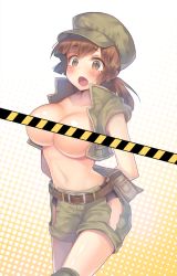Rule 34 | 1girl, bad id, bad pixiv id, belt, black panties, blush, breasts, brown eyes, brown hair, censored, female focus, fio germi, g.t, hat, jacket, knee pads, large breasts, legs, long hair, metal slug, navel, open clothes, open jacket, open mouth, panties, pouch, short shorts, shorts, solo, thighs, underwear