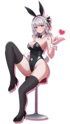 Rule 34 | 1girl, :3, absurdres, animal ears, black bow, black bowtie, black leotard, black thighhighs, bow, bowtie, breasts, character request, clothing cutout, detached collar, full body, green eyes, grey hair, heart, highres, indie virtual youtuber, leotard, medium breasts, medium hair, navel cutout, playboy bunny, rabbit ears, rabbit tail, riraranran, simple background, solo, stool, strapless, strapless leotard, tail, thighhighs, virtual youtuber, white background, wrist cuffs