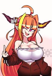 Rule 34 | 1girl, ahoge, bare shoulders, blonde hair, breasts, cleavage, collarbone, highres, hololive, hood, hoodie, horns, joeydrawss, kiryu coco, large breasts, long hair, long sleeves, multicolored hair, off shoulder, one eye closed, open mouth, orange hair, pointy ears, red eyes, red hoodie, simple background, slit pupils, smile, solo, two-tone hair, upper body, virtual youtuber, wink, yellow background
