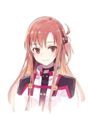 Rule 34 | 1girl, asuna (sao), brown eyes, brown hair, closed mouth, commentary request, cropped torso, hair ornament, highres, jacket, kobutakurassyu, looking at viewer, portrait, simple background, smile, solo, sword art online, white background