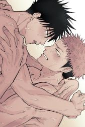 Rule 34 | 2boys, anal, arms around neck, black hair, brown eyes, commentary request, completely nude, eye contact, facial mark, fushiguro megumi, fushirun rung, green eyes, grin, highres, implied anal, implied sex, itadori yuuji, jujutsu kaisen, looking at another, male focus, male penetrated, moaning, multiple boys, muscular, muscular male, nude, open mouth, pink hair, sex, short hair, smile, spiked hair, tears, undercut, upper body, yaoi