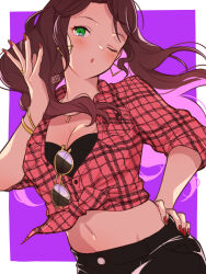 Rule 34 | 1girl, black pants, border, bracelet, breasts, brown hair, cleavage, dorothea arnault, dress shirt, earrings, fire emblem, fire emblem: three houses, floating hair, green eyes, groin, hand on own hip, head tilt, jewelry, kh (tanakananataka), long hair, looking at viewer, medium breasts, midriff, nail polish, navel, necklace, nintendo, one eye closed, open mouth, outside border, pants, pink shirt, plaid, plaid shirt, purple background, red nails, ring, shirt, solo, standing, stomach, sunglasses, tied shirt, triangle earrings, unworn eyewear, upper body, white border