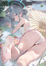 Rule 34 | 1girl, animal ear fluff, animal ears, ass, barefoot, blue archive, blue eyes, blush, breasts, cross hair ornament, extra ears, feet, flower, grey hair, hair bun, hair ornament, halo, houraku, lily pad, looking at viewer, looking back, lotus, lying, medium breasts, medium hair, official alternate costume, oil-paper umbrella, on stomach, one-piece swimsuit, pond, sarong, shiroko (blue archive), shiroko (flowery charms) (blue archive), sidelocks, single hair bun, soles, solo, swimsuit, toes, umbrella, water, wet, white one-piece swimsuit, wolf ears