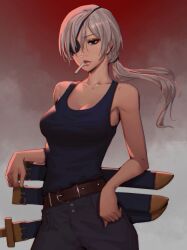 Rule 34 | 1girl, absurdres, belt, black tank top, breasts, chainsaw man, cigarette, cleavage, eyepatch, grey hair, highres, inhoso, long hair, looking at viewer, medium breasts, ponytail, quanxi (chainsaw man), red background, sheath, shirt tucked in, smoke, solo, tank top