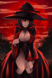 Rule 34 | 1girl, black hair, black lips, black nails, breasts, cleavage, cleavage cutout, clothing cutout, commentary, commission, cowboy shot, dark mage (monster girl encyclopedia), english commentary, full body, full moon, glowing, glowing eyes, hair between eyes, hand on own knee, hat, jewelry, large breasts, leaning forward, lindaroze, lipstick, long sleeves, looking at viewer, makeup, monster girl encyclopedia, moon, nail polish, necklace, night, open clothes, open robe, outdoors, patreon username, pentagram, red eyes, red moon, red sky, revealing clothes, robe, short hair, sky, smile, solo, watermark, web address, wide sleeves, witch hat