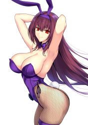 Rule 34 | 1girl, animal ears, armpits, arms behind head, arms up, bare shoulders, blush, breasts, cleavage, detached collar, fake animal ears, fate/grand order, fate (series), halcon, highleg, highleg leotard, highres, large breasts, leotard, long hair, looking at viewer, official alternate costume, pantyhose, playboy bunny, purple hair, rabbit ears, rabbit tail, red eyes, scathach (fate), scathach (piercing bunny) (fate), simple background, smile, solo, strapless, strapless leotard, tail, thigh strap, thighs, white background