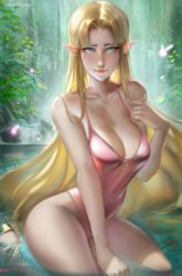 Rule 34 | 1girl, alternate costume, aqua eyes, backlighting, bare arms, between legs, blonde hair, breasts, cleavage, collarbone, fairy, gold footwear, hand between legs, hand on own chest, highres, kneeling, leaf, long hair, looking at viewer, medium breasts, nintendo, one-piece swimsuit, parted bangs, partially submerged, pink one-piece swimsuit, plant, pointy ears, princess zelda, ragecndy, sidelocks, straight hair, super smash bros., swimsuit, the legend of zelda, the legend of zelda: a link between worlds, thick eyebrows, thighs, triforce, upper body, water, waterfall