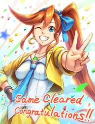Rule 34 | 1girl, ace attorney, athena cykes, black gloves, blue bow, blue eyes, blue necktie, bow, brown hair, confetti, crescent, crescent earrings, earrings, gloves, gogo (detteiu de), gradient background, grin, hair bow, jewelry, long hair, necklace, necktie, one eye closed, phoenix wright: ace attorney - dual destinies, side ponytail, single earring, single glove, smile, solo, star (symbol), v