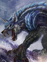 Rule 34 | animal ears, bearluxe, blue scales, capcom, chin spike, clawed feet, claws, frost, lunagaron, monster, monster focus, monster hunter (series), monster hunter rise, open mouth, scales, sharp teeth, snow, spikes, spines, teeth, wolf, wolf ears, yellow eyes