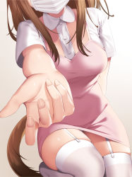 Rule 34 | 1girl, absurdres, arm behind back, bad id, bad pixiv id, breasts, brown hair, commentary request, dress, fingernails, garter straps, haiba 09, head out of frame, highres, mask, medium breasts, mouth mask, nekoseki rion (haiba 09), nurse, original, outstretched arm, paid reward available, panties, panty peek, pink dress, short sleeves, simple background, sitting, solo, surgical mask, tail, thighhighs, underwear, white background, white panties, white thighhighs