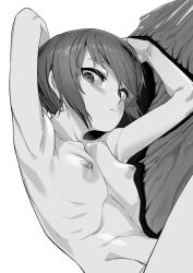 Rule 34 | 1girl, arms up, breasts, expressionless, greyscale, highres, looking at viewer, lying, monochrome, mukago (mukagomumumu), nipples, nude, on side, original, ribs, short hair, sketch, skinny, small breasts, solo, upper body