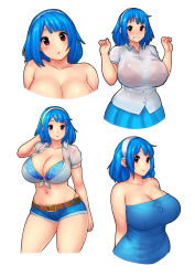 Rule 34 | 1girl, :o, absurdres, arms behind back, belt, bikini, bikini under clothes, blue hair, bra, bra visible through clothes, breasts, cleavage, clenched teeth, contrapposto, curvy, dress shirt, erkaz, front-tie top, tucking hair, hairband, head tilt, highres, huge breasts, looking at viewer, midriff, multiple views, navel, nervous smile, original, red bra, red eyes, rina atherina, see-through, shirt, short hair, short shorts, shorts, skin tight, smile, standing, strapless, string bikini, swimsuit, teeth, thighs, tied shirt, topless, triangle mouth, tube top, underwear, upper body, white background, white shirt, wide hips
