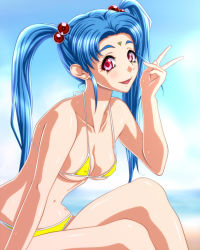 Rule 34 | 00s, 1girl, 286c, aged up, arm support, bikini, blue hair, breasts, cleavage, collarbone, covered erect nipples, facial mark, forehead mark, hair bobbles, hair ornament, highres, long hair, looking at viewer, masaki sasami jurai, navel, open mouth, pink eyes, shiny skin, sitting, solo, strap gap, string bikini, swimsuit, tenchi muyou!, tenchi muyou! gxp, twintails, underboob, v, yellow bikini