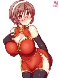 Rule 34 | 1girl, alternate costume, artist logo, black gloves, black thighhighs, blush, breasts, brown eyes, brown hair, china dress, chinese clothes, cleavage, cleavage cutout, clothing cutout, cowboy shot, dated, dress, elbow gloves, glasses, gloves, hair between eyes, hairband, kanon (kurogane knights), kantai collection, large breasts, looking at viewer, natori (kancolle), red-framed eyewear, short hair, simple background, solo, thighhighs, white background