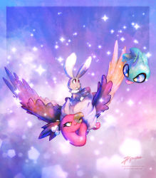 Rule 34 | alternate color, bone hair ornament, bunnelby, rabbit, buzzard, cloud, cloudy sky, creature, creatures (company), day, eye contact, floating, flying, full body, game freak, gen 3 pokemon, gen 5 pokemon, gen 6 pokemon, ghost, hair ornament, highres, ja-punkster, looking at another, mandibuzz, nintendo, no humans, pokemon, pokemon (creature), purple eyes, riding, riding pokemon, shiny pokemon, shuppet, sky, tongue, tongue out, yellow eyes