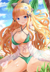 Rule 34 | bikini, blue eyes, blue sky, blunt bangs, blush, bow, breasts, cleavage, cloud, collarbone, commentary request, day, flower, green bikini, hair bow, hair flower, hair ornament, highres, large breasts, layered bikini, lens flare, long hair, looking at viewer, o-ring, o-ring bikini, o-ring top, open mouth, orange hair, outdoors, palm tree, princess connect!, saren (princess connect!), saren (summer) (princess connect!), sitting, sky, smile, solo, swimsuit, teeth, thighs, tree, upper teeth only, very long hair, wariza, water drop, xenon (for achieve)