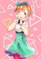 Rule 34 | 1girl, :p, ahoge, bare shoulders, blush, brown eyes, chiigo, dress, hands on own cheeks, hands on own face, harumi sawara, head rest, looking at viewer, one eye closed, orange hair, pantyhose, short hair, simple background, sleeveless, smile, solo, tokyo 7th sisters, tongue, tongue out