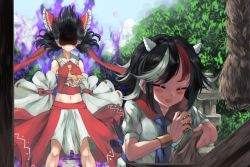 Rule 34 | 2girls, anger vein, angry, aura, bare shoulders, black hair, blue neckwear, blush, bow, cloud, coin, commentary, cuffs, dark aura, death flag, detached sleeves, closed eyes, frilled bow, frills, frown, hair bow, hakurei reimu, hidden eyes, horns, kijin seija, long hair, midriff, multicolored hair, multiple girls, navel, nontraditional miko, red bow, red hair, red shirt, red skirt, rope, sack, shaded face, shirt, short hair, short sleeves, skirt, smile, streaked hair, sunnysideup, theft, tongue, tongue out, touhou, tree, white hair, white shirt, yellow neckwear