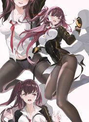 Rule 34 | 1boy, 1girl, absurdres, arm grab, black gloves, black jacket, grabbing another&#039;s breast, breasts, brown hair, brown pantyhose, commentary request, floating hair, girls&#039; frontline, gloves, goti (gotie23), grabbing, hair ribbon, highres, jacket, large breasts, long hair, long sleeves, looking at viewer, multiple views, necktie, one side up, open mouth, panties, panties under pantyhose, pantyhose, red eyes, red hair, red necktie, red ribbon, ribbon, shirt, simple background, thighband pantyhose, underwear, wa2000 (girls&#039; frontline), white background, white shirt