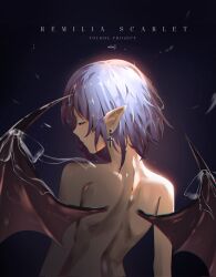 Rule 34 | 1girl, bat wings, blue hair, character name, closed eyes, commentary, copyright name, cross, cross earrings, dark background, earrings, from behind, highres, jewelry, nude, pointy ears, remilia scarlet, short hair, solo, touhou, upper body, vampire, wing ribbon, wings, ycl 090
