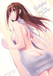 Rule 34 | 10s, 1girl, 2017, ass, back, backless dress, backless outfit, bare back, blush, breasts, brown hair, butt crack, character name, cowboy shot, dated, dress, dutch angle, floating hair, from behind, green eyes, hair between eyes, halterneck, hands up, idolmaster, idolmaster cinderella girls, indoors, long hair, looking at viewer, looking back, medium breasts, meme attire, naked sweater, nishimura eri, parted lips, shibuya rin, shoulder blades, sideboob, signature, solo, sweater, sweater dress, turtleneck, turtleneck sweater, twitter username, virgin killer sweater