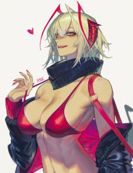 Rule 34 | + +, 1girl, :d, :q, absurdres, ant, arknights, bare shoulders, bikini, black jacket, black scarf, breasts, bug, cleavage, collarbone, fingernails, grey hair, heart, highres, horns, insect, jacket, large breasts, licking lips, long fingernails, long sleeves, mature female, multicolored hair, nail polish, open clothes, open jacket, open mouth, red bikini, red eyes, red hair, red nails, rhine (overtonerhine), scarf, short hair, smile, solo, strap lift, swimsuit, tongue, tongue out, two-tone hair, upper body, w (arknights)