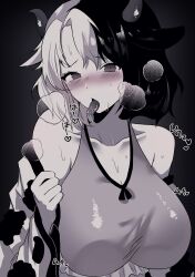 Rule 34 | 1girl, animal ears, bare shoulders, blush, breasts, cleavage, commentary request, cow ears, cow horns, dark background, greyscale, highres, horns, huge breasts, kawai yade, medium hair, monochrome, multicolored hair, saliva, simple background, solo, sound effects, sweat, tongue, tongue out, touhou, two-tone hair, ushizaki urumi