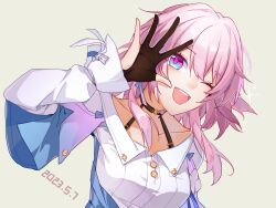 Rule 34 | 1girl, absurdres, archery shooting glove, black choker, black gloves, blue eyes, blue jacket, breasts, chinese commentary, choker, collarbone, dated, dress shirt, earrings, gloves, hand up, highres, honkai: star rail, honkai (series), jacket, jewelry, long sleeves, looking at viewer, march 7th (honkai: star rail), medium breasts, medium hair, one eye closed, open hand, open mouth, partially fingerless gloves, pink eyes, pink hair, shirt, simple background, single earring, smile, solo, teeth, two-tone eyes, underbust, upper body, upper teeth only, white shirt, xuli, yellow background