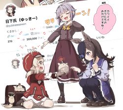 Rule 34 | 3girls, :d, ahoge, animal ears, artist self-insert, black socks, bloomers, blush, boots, bow, breasts, brown eyes, brown footwear, brown gloves, brown hair, brown shirt, brown skirt, cabbie hat, closed eyes, commentary request, crossover, dress, genshin impact, gloves, hand up, hat, highres, horse ears, horse girl, horse tail, idolmaster, idolmaster cinderella girls, klee (genshin impact), knee boots, kneehighs, koshimizu sachiko, loafers, long hair, long sleeves, low twintails, milestone celebration, multiple crossover, multiple girls, open mouth, pleated skirt, profile, purple eyes, purple hair, purple skirt, red dress, red headwear, ribbed legwear, rice shower (umamusume), school uniform, shirt, shoes, sitting, skirt, small breasts, smile, socks, squatting, standing, tail, thighhighs, tracen school uniform, translation request, twintails, twitter, umamusume, underwear, wariza, white bloomers, white bow, white legwear, yellow bow, yukie (kusaka shi)