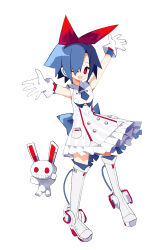 Rule 34 | 1girl, absurdres, blue hair, boots, bow, commentary, disgaea, dress, gloves, hair bow, hair over one eye, highres, nanozenzen, open mouth, pleinair, rabbit, red bow, red eyes, smile, solo, thighhighs, usagi-san, white gloves