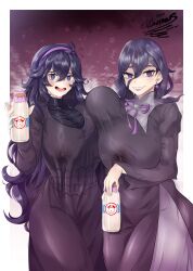 2girls bottle breast_milk breasts covering_nipples covering_privates creatures_(company) dress game_freak hex_maniac_(pokemon) hex_maniac_(pokemon_legends:_z-a) highres lactation large_breasts long_dress long_hair milk milk_bottle multiple_girls nintendo no_bra pokemon pokemon_legends:_z-a pokemon_xy purple_dress purple_eyes purple_hair visible