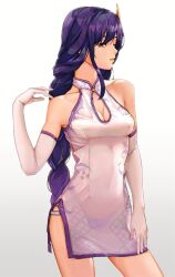 Rule 34 | 1girl, 2049 (hh5566), alternate costume, braid, breasts, china dress, chinese clothes, cleavage, cleavage cutout, clothing cutout, collarbone, commentary request, covered navel, cowboy shot, dress, elbow gloves, genshin impact, gloves, hair ornament, highres, korean commentary, long braid, long hair, medium breasts, panties, purple eyes, purple hair, purple panties, raiden shogun, simple background, solo, thong, translucent, underwear, white background, white dress, white gloves