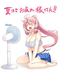 Rule 34 | 10s, 1girl, akashi (kancolle), bare arms, bare shoulders, barefoot, breasts, cleavage, collarbone, crop top, crop top overhang, electric fan, closed eyes, female focus, hair ribbon, hip vent, kantai collection, kusano (torisukerabasu), large breasts, long hair, midriff, off shoulder, open mouth, pleated skirt, ponytail, ribbon, simple background, sitting, skirt, solo, strap slip, v arms, very long hair, wariza