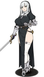 Rule 34 | 1girl, armored boots, black dress, boots, cross, dress, gauntlets, green eyes, habit, highres, holding, holding sword, holding weapon, houtengeki, knight, long hair, looking at viewer, original, sheath, simple background, solo, standing, sword, thighhighs, weapon, white background, white hair, white thighhighs