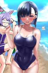 Rule 34 | 3girls, animal ears, arm behind back, barefoot, baseball bat, beach, black hair, blindfold, blue one-piece swimsuit, blue sky, blush, bow, breasts, cleavage, cloud, collarbone, commentary, competition school swimsuit, covered eyes, covered navel, cowboy shot, day, ear bow, food, fruit, groin, hair ornament, hairclip, happy meek (umamusume), highres, holding, holding baseball bat, horse ears, horse girl, kiryuuin aoi, large breasts, leg up, looking at viewer, mejiro mcqueen (umamusume), multiple girls, ocean, one-piece swimsuit, open mouth, outdoors, purple eyes, purple hair, school swimsuit, sg (esujii), short hair, skin tight, sky, solo focus, suikawari, swimsuit, thighs, umamusume, water, watermelon, white hair