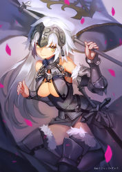 Rule 34 | 1girl, adapted costume, arm up, banner, bare shoulders, breasts, center opening, chain, character name, cleavage, copyright name, elbow gloves, fate/grand order, fate (series), felix (felix901123), flag, fur-trimmed gloves, fur-trimmed legwear, fur trim, gloves, gorget, hand up, headpiece, highres, holding, holding flag, jeanne d&#039;arc (fate), jeanne d&#039;arc alter (avenger) (fate), jeanne d&#039;arc alter (avenger) (third ascension) (fate), jeanne d&#039;arc alter (fate), knee pads, long hair, looking at viewer, petals, plackart, sidelocks, silver hair, smirk, smug, solo, standard bearer, sword, tassel, thighhighs, vambraces, weapon, zettai ryouiki