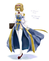 Rule 34 | 1girl, alice margatroid, arch bishop (ragnarok online), archbishop (cosplay), blonde hair, blue eyes, book, character name, cosplay, fastbond, hair ribbon, ragnarok online, ribbon, short hair, solo, thighhighs, touhou, white thighhighs