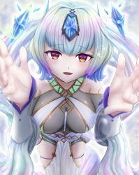 Rule 34 | 1girl, aqua hair, bare shoulders, blue hair, blunt bangs, bodystocking, breasts, bubble, cleavage cutout, clothing cutout, crystal, fire emblem, fire emblem heroes, floating, forehead jewel, green eyes, highres, impossible clothes, jewelry, looking at viewer, matoimangekyo, medium breasts, multicolored hair, necklace, nintendo, parted lips, pelvic curtain, reaching, reaching towards viewer, seidr (fire emblem), shawl, short hair, smile, solo, thigh strap, white shawl