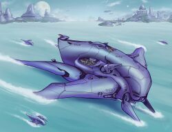 Rule 34 | absurdres, alien, cloud, commentary, commission, english commentary, grunt (halo), halo (series), highres, moon, ocean, original, sangheili, science fiction, sky, tacit axiom, vehicle focus, water, watercraft