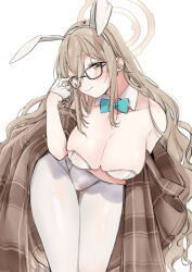 Rule 34 | 1girl, akane (blue archive), akane (bunny) (blue archive), animal ears, bare shoulders, blue archive, blush, bow, bowtie, breasts, brown hair, cleavage, detached collar, fake animal ears, glasses, gloves, highres, large breasts, leotard, long hair, looking at viewer, pantyhose, playboy bunny, shawl, simple background, smile, solo, very long hair, white background, white gloves, white pantyhose, yellow eyes, yurishima shiro