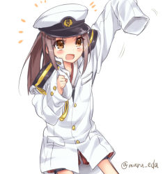 Rule 34 | 1girl, admiral (kancolle), admiral (kancolle) (cosplay), arm up, blush, borrowed clothes, brown eyes, brown hair, cosplay, hat, kantai collection, long hair, maruki (punchiki), military, military uniform, naval uniform, open mouth, oversized clothes, simple background, smile, solo, uniform, white background, zuihou (kancolle)