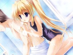 Rule 34 | 00s, 1boy, 1girl, bath, bathing, bathroom, blonde hair, blue eyes, dutch angle, flat chest, fujimiya chisa, gift (game), indoors, long hair, mixed-sex bathing, non-web source, one-piece swimsuit, school swimsuit, shared bathing, short hair, soap, soap bubbles, solo focus, sponge, swimsuit, twintails, very long hair, washing back, wet