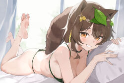 Rule 34 | 1girl, animal ears, barefoot, bed sheet, bikini, black choker, blush, breasts, brown eyes, brown tail, choker, collarbone, commentary request, crossed bangs, curtains, eyelashes, feet, feet up, full body, green bikini, hair ornament, hands up, honda poko, indie virtual youtuber, kagemoe1003, leaf hair ornament, legs, looking at viewer, lying, medium breasts, on bed, on stomach, parted bangs, pillow, raccoon ears, raccoon girl, raccoon tail, sidelocks, smile, soles, solo, swimsuit, tail, thighs, toenails, toes, virtual youtuber, window