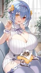 Rule 34 | 1girl, absurdres, alicia renato (yashiro sousaku), blue hair, borrowed character, breasts, cleavage, cleavage cutout, clothing cutout, cookie, flower, food, fukuda935, hair flower, hair ornament, hair ribbon, heterochromia, highres, holding, holding food, huge breasts, light blue hair, looking at viewer, meme attire, open mouth, original, plant, red eyes, ribbon, slippers, thighhighs, virgin killer sweater, window, wrist cuffs, yellow eyes