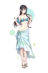 Rule 34 | 1girl, alternate costume, bare arms, bare shoulders, bikini, bikini top only, black hair, blush, breasts, clipboard, collarbone, commentary request, flower, full body, glasses, green eyes, hair flower, hair ornament, hairband, highres, kantai collection, long hair, looking at viewer, navel, ooyodo (kancolle), quill, ribbon, sandals, sarong, semi-rimless eyewear, simple background, small breasts, smile, solo, standing, strapless, swimsuit, under-rim eyewear, white background, yuuji (and)