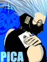 Rule 34 | 1boy, blue theme, card, character name, dressrosa, fingerless gloves, gladius (one piece), gloves, goggles, male focus, mask, one piece, over shoulder, playing card, sleeveless, solo, spade, spiked hair