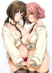 Rule 34 | 2girls, bare shoulders, blue eyes, breast press, breasts, brown hair, cleavage, commentary request, covered erect nipples, ishikei, large breasts, multiple girls, necktie, nipple slip, nipples, no bra, off shoulder, open clothes, open shirt, original, panties, pink hair, revision, shirt, string panties, symmetrical docking, thighhighs, underwear, yellow eyes, yuri
