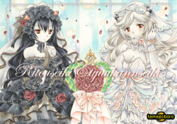 Rule 34 | 10s, 2girls, abyssal ship, adjusting hair, artist name, bare shoulders, black hair, black vs white, black wedding dress, bonnet, bouquet, bow, breasts, bridal veil, character name, cleavage, colored skin, dress, female focus, finger to own chin, flower, frilled dress, frills, gloves, horns, isolated island oni, kantai collection, large breasts, long hair, looking at viewer, midway princess, multiple girls, pale skin, petals, red eyes, ribbon, rose, rose petals, strapless, strapless dress, tamagoboro, traditional media, veil, very long hair, wavy hair, wedding, wedding dress, white dress, white gloves, white hair, white skin